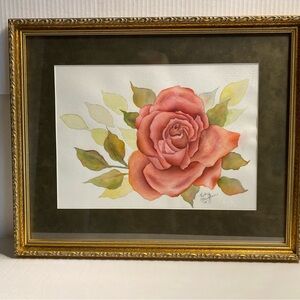 VINTAGE ORIGINAL Framed ROSE WATERCOLOR Art 18x22inch signed/dated